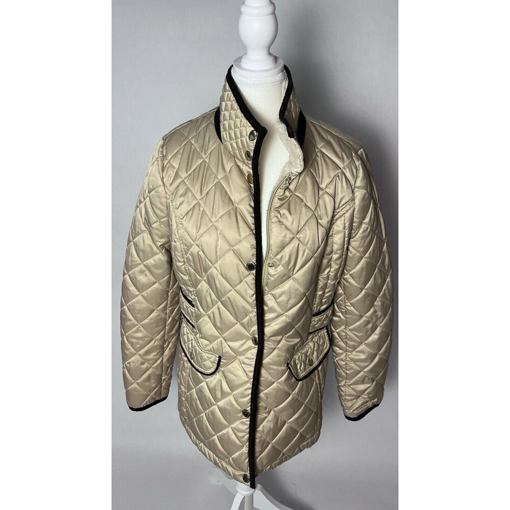 Women's Nautica Womens Tan Quilted Jacket Size Medium Gold Detail Fur Black
